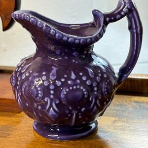 Camark Pottery Pitcher Embossed Ornate Purple Baroque Style Vintage